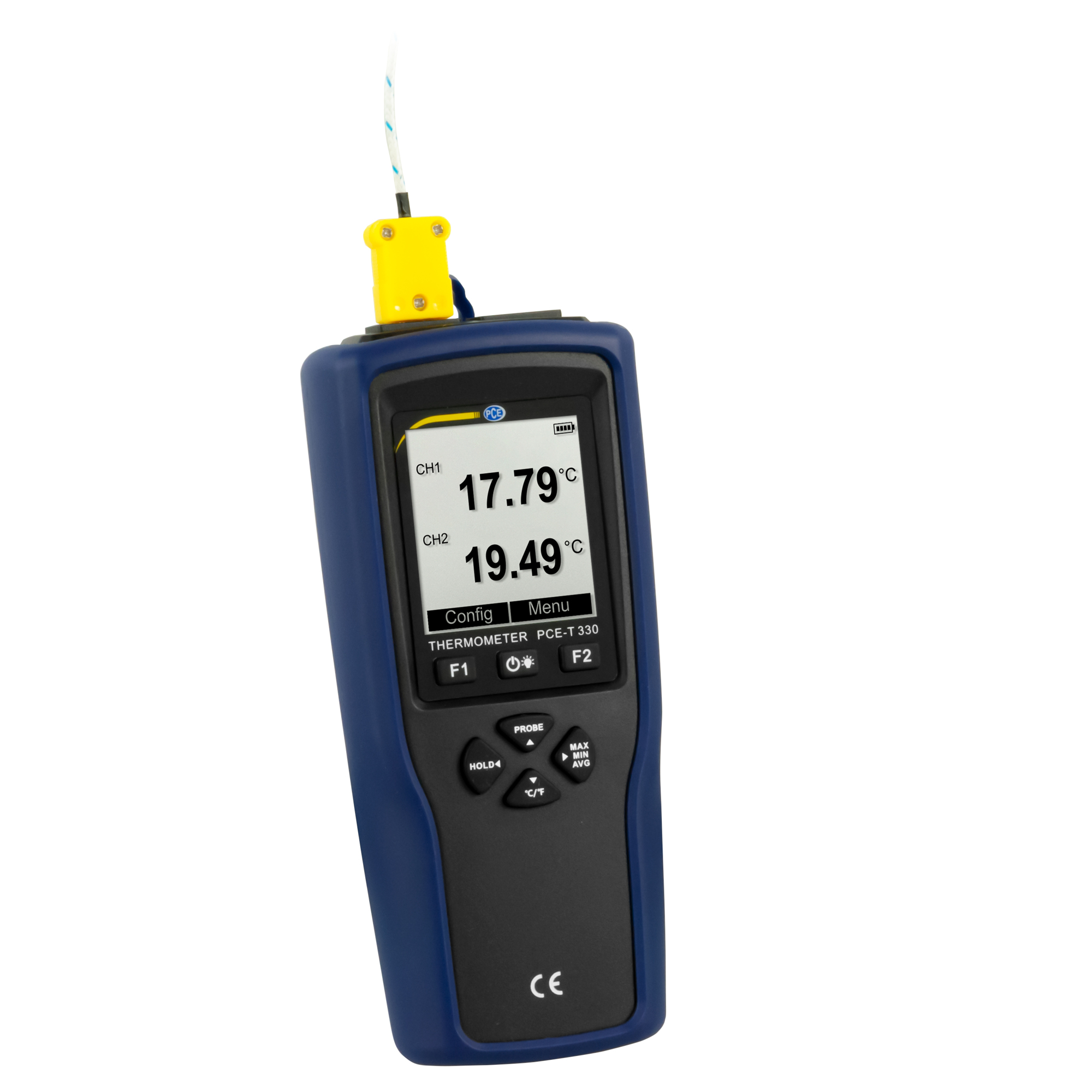 PCE 2-Channel Datalogger Temperature Meter — Type K, T, J Thermocouples, Model# PCE-T 330